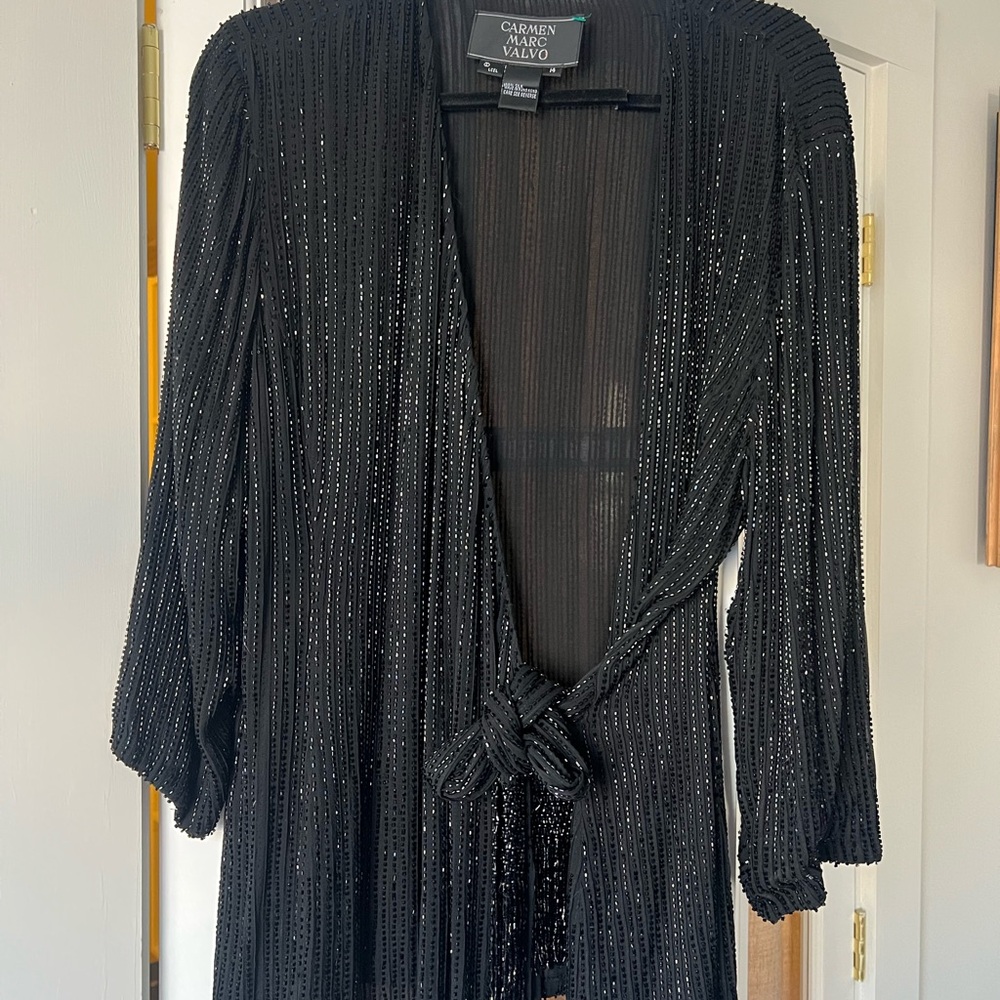 Vintage Carmen Marc Valvo Black Beaded Silk Cardigan/ wrap top
